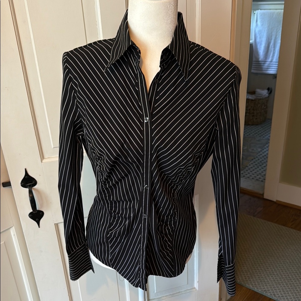 Thomas Pink London Black and White Striped Slim Fitted Stretch Button-Up Shirt